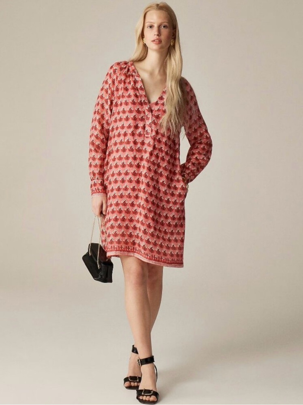 J.Crew Printed Pink V-Neck Tie-Waist Dress - Picture 2 of 11